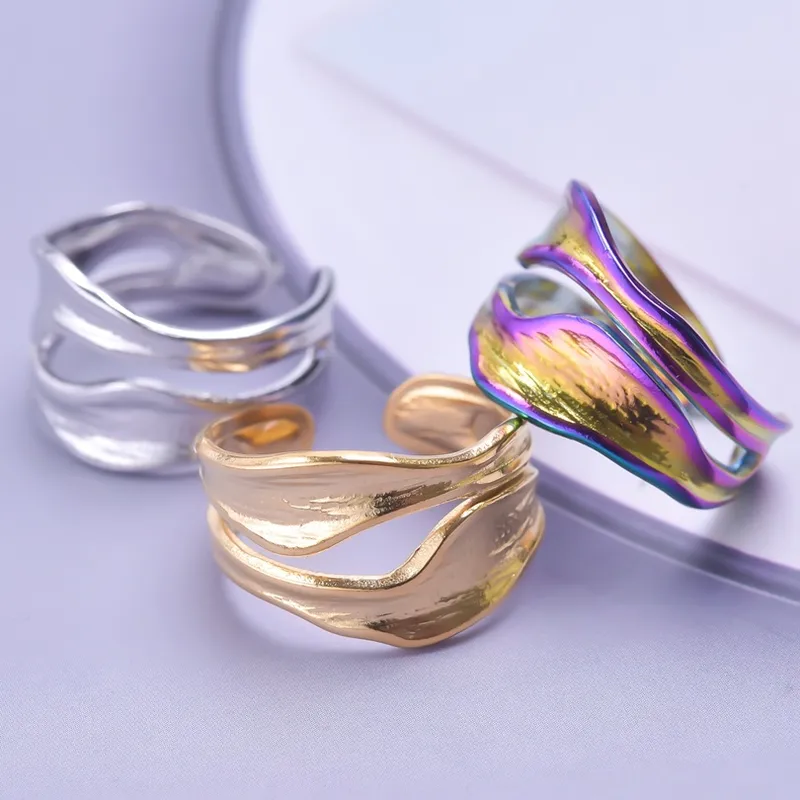 Wholesale PVD Coated Real Gold Plated 18K Gold Geometric 304 Stainless Steel Simple Style Waterproof Non Tarnish Open Ring