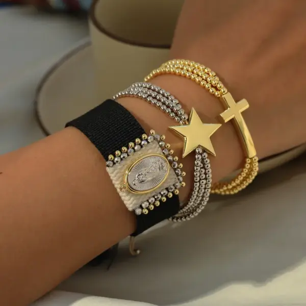 Wholesale 18K Gold Plated Copper Water Plated Color Retention Cross Star Heart Beaded Chain Simple Style Bracelet For Women Valentine's Day No Buckle Adjustable