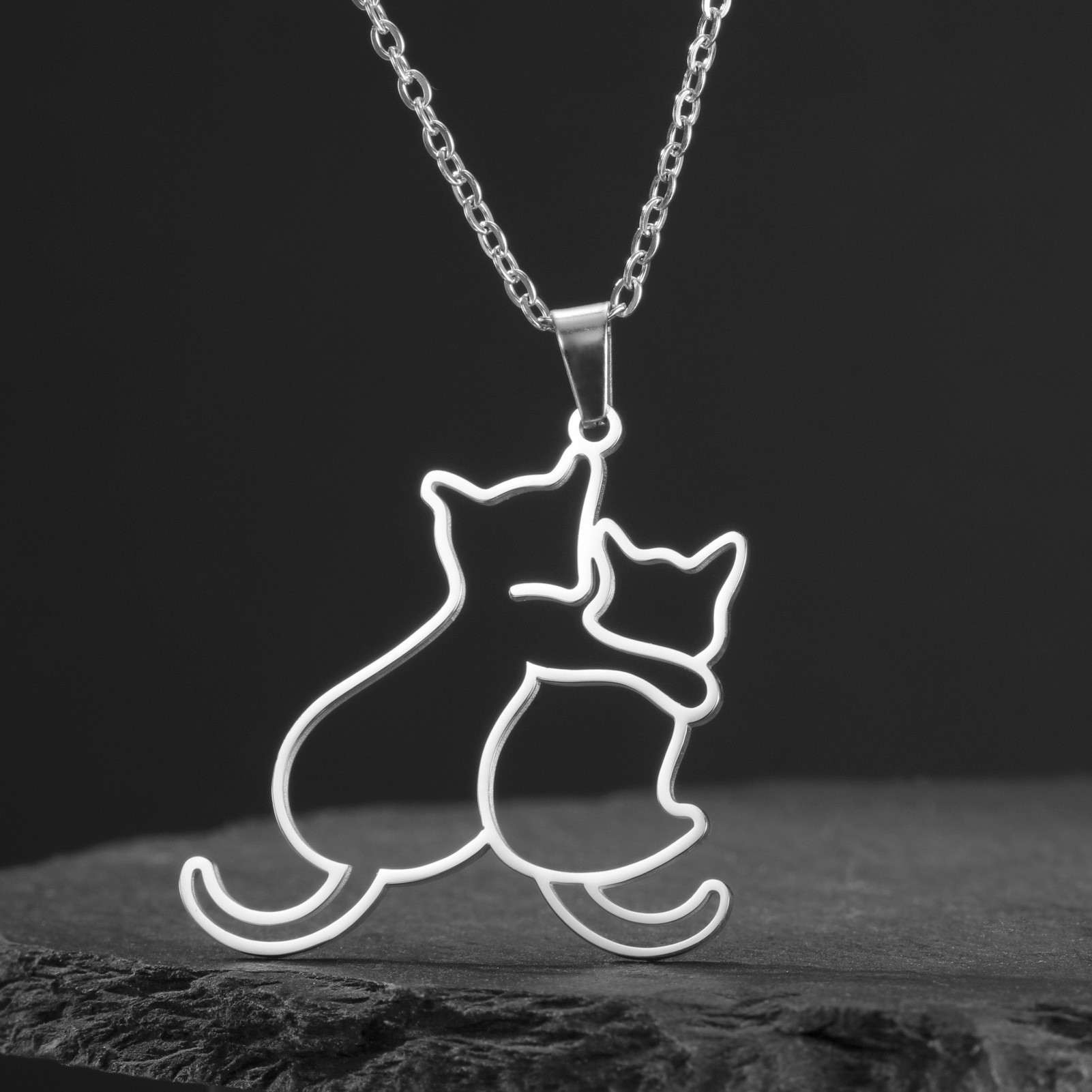 Wholesale Personality Cute Trendy Fashion Kitten Pendant Necklace 304 Stainless Steel Cartoon Cute Necklace