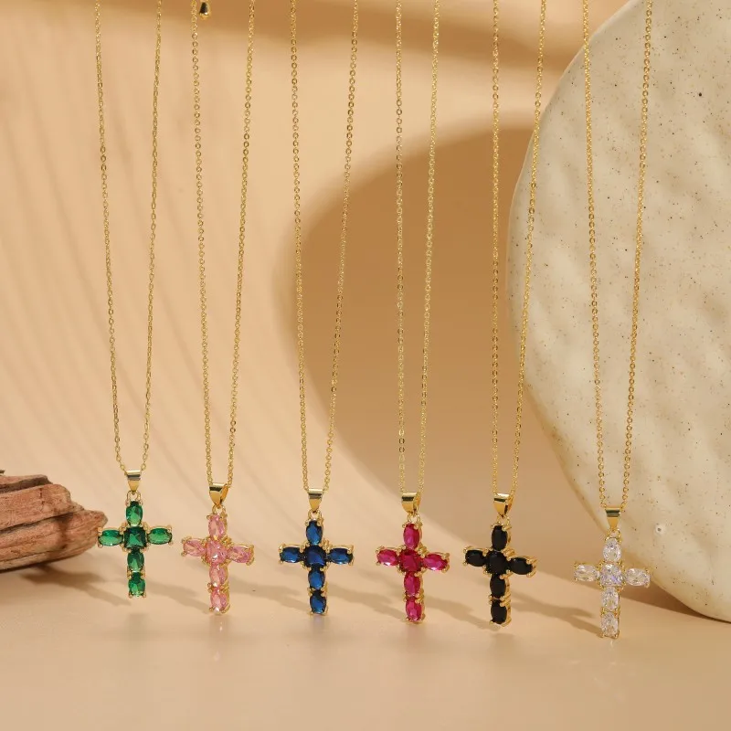 Wholesale Basic Cross Copper Irregular Plating Inlay Zircon 14k Gold Plated Necklace