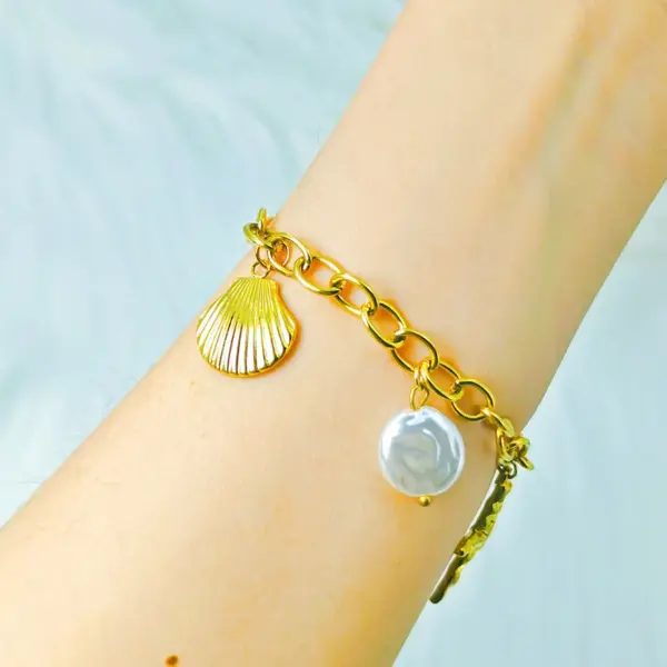 Wholesale 304 Stainless Steel Starfish Shell PVD Coated Golden Plated Hip-Hop Cable Chain Bracelets