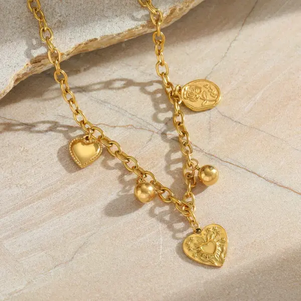 Ion Plating (IP) 18K Gold Plated Geometric Heart Shape Ball 304 Stainless Steel Casual Elegant Artistic Multi Charms Bracelet Necklace