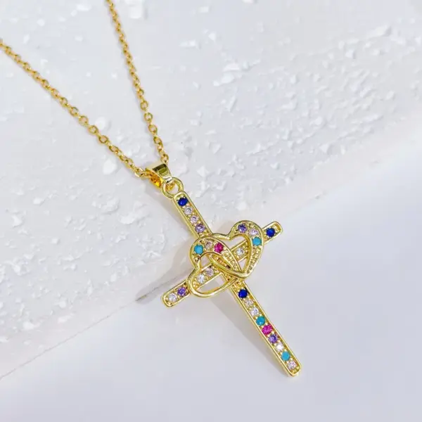 Wholesale Fashion Cross Copper Inlay Zircon Pendant Necklace 1 Piece