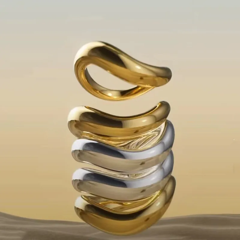 Wholesale Curved Arc Surface 304 Stainless Steel Ring Plated 18K Gold Geometric Pattern Srty Style Women's Bracelet Diamond Embedded