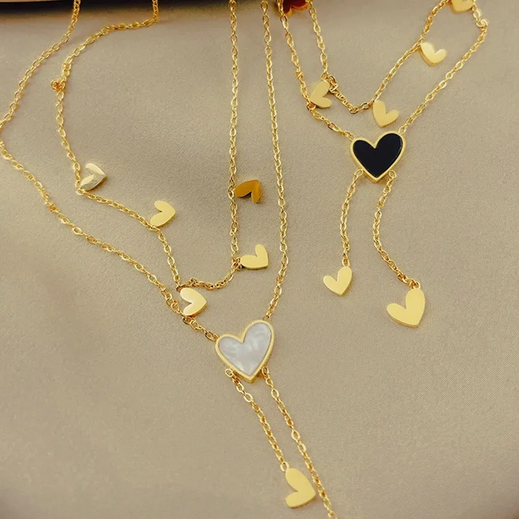 Wholesale Sweet Simple Style Heart Shape Titanium Steel Plating Inlay Shell 18k Gold Plated Layered Necklaces