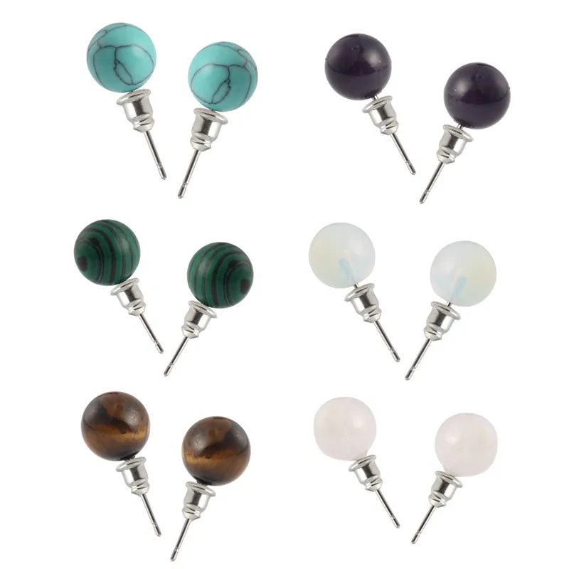 Wholesale 1 Pair Retro Commute Round Inlay Natural Stone Turquoise Tiger Eye Gem Ear Studs