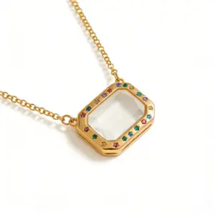 Rectangular Colored Diamond Glass Photo Box Necklace