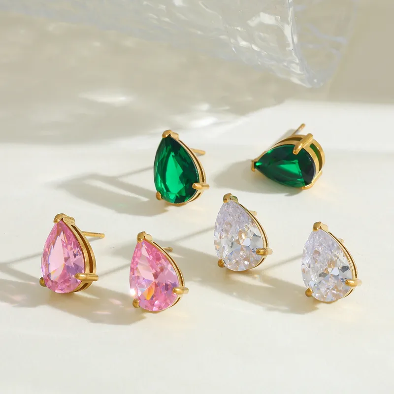 Wholesale 18K Gold Plated 304 Stainless Steel Vacuum Electroplating (In Furnace) Water Drop Zircon Earrings For Women