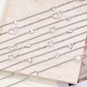 Wholesale 304 Stainless Steel Hollow Embossed Peach Heart Double Love Star Moon Wafer Spacer Anklet