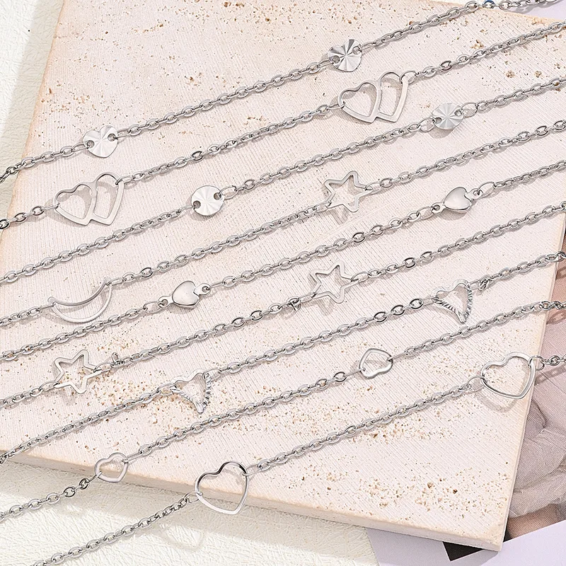 Wholesale 304 Stainless Steel Hollow Embossed Peach Heart Double Love Star Moon Wafer Spacer Anklet