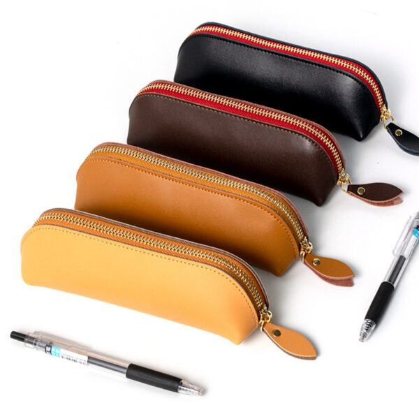 Wholesale Cowhide solid color zipper stationery bag large capacity pencil case
