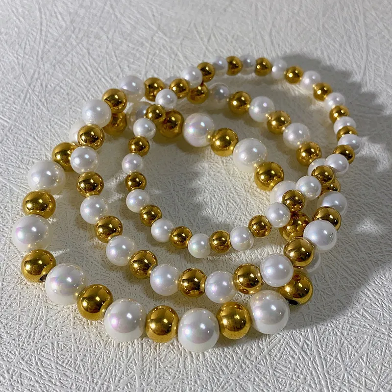 Wholesale PVD Coated 18K Gold Plated Geometric 304 Stainless Steel Imitation Pearl Basic Classic Style Waterproof Non Tarnish 304 Stainless Steel Brac
