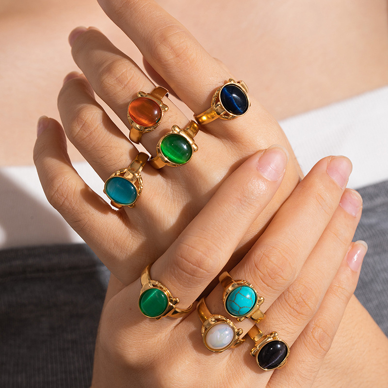 Wholesale French High-End Titanium Steel Ring Multi-Color Natural Stone Retro Elegant Stainless Steel Live Mouth Adjustable Ring for Women