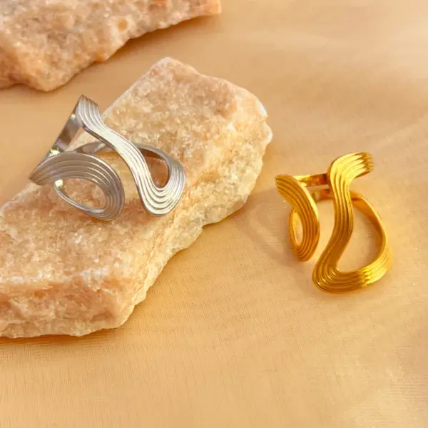 Wholesale PVD Coated Real Gold Plated 18K Gold Stripe 304 Stainless Steel Casual Retro Simple Style Waterproof Non Tarnish Open Rings