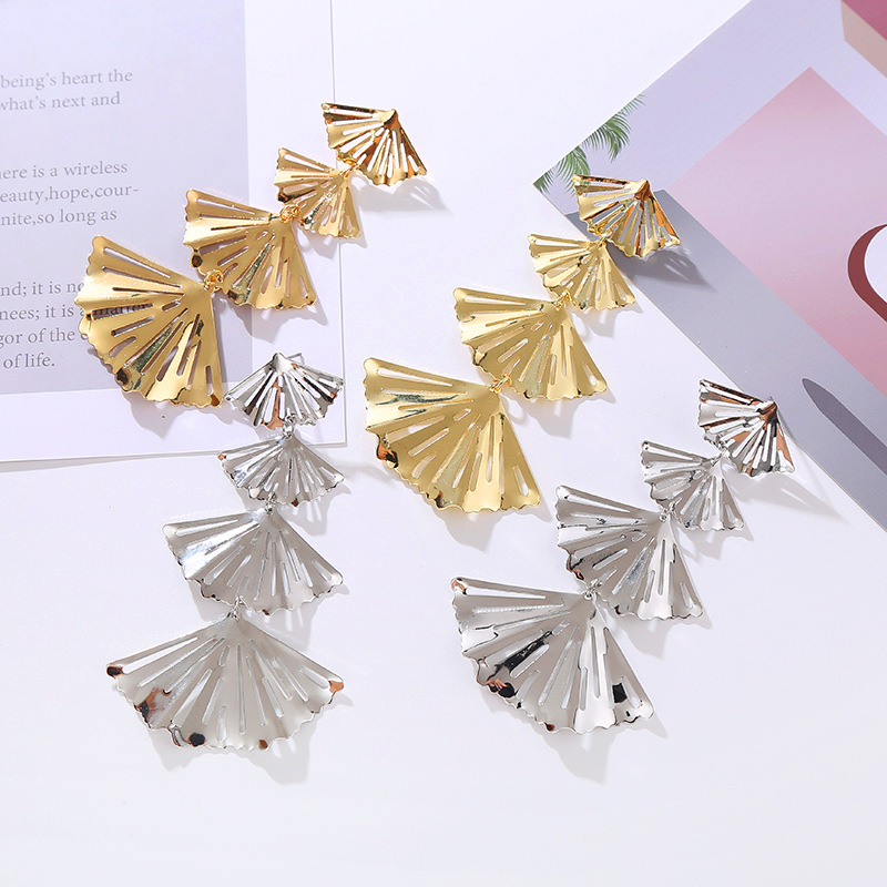 Wholesale European and American New Alloy Multi-layer Earrings Women's Exaerated Design Sense Fan-shaped Distinctive Earrings Simple High Quality Ear