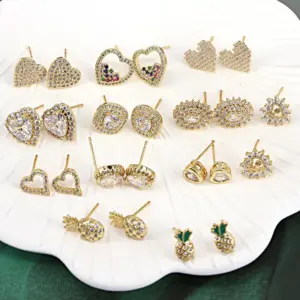 Wholesale Korean Copper Micro-set Zircon Peach Heart Pineapple Geometric Sweet Earrings