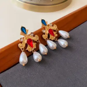 44# Silver Needle Mid-Ancient Pearl Flower Earrings