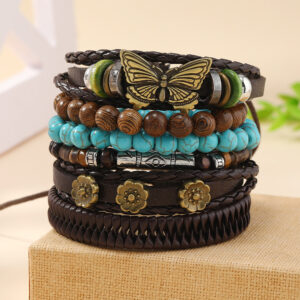 Wholesale Vintage Butterfly Flower Turquoise Leather Braided Set Leather Bracelet