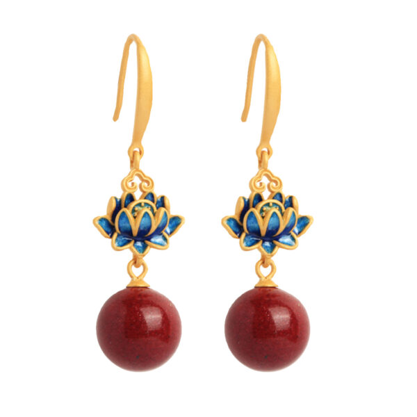 oly-cc9cf8e6d59a297c1c2fb2bf9e487ea2 Wholesale Arrival Cinnabar Lotus Earrings Women's Red Style Vintage Burned Blue Enamel Purple Gold Beads Earrings Earrings