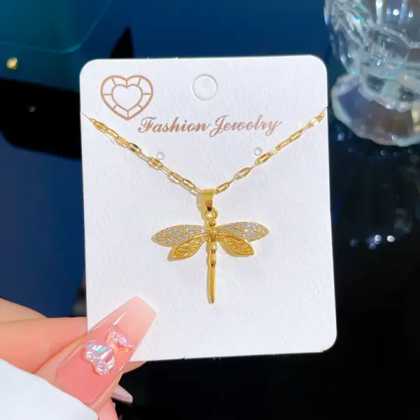 Wholesale PVD Coated Real Gold Plated Dragonfly Titanium Steel Classic Style Waterproof Non Tarnish Titanium Steel Pendant Necklace