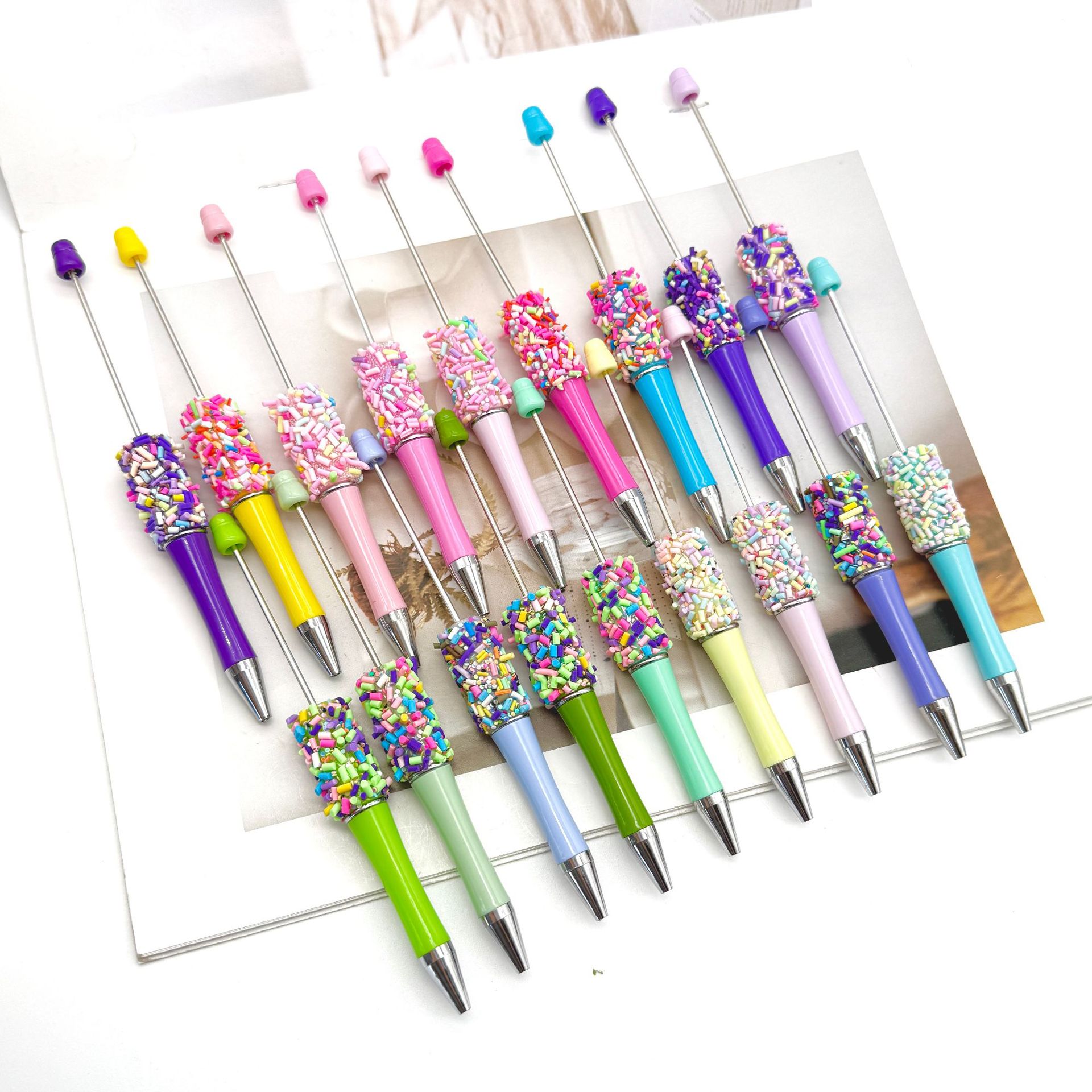 Wholesale DIY Color Sugar Needle Sugar Beaded Pen Macaron Color Rotary Plastic Ballint Pen Primary School Student Prize Cartoon Gift Pen