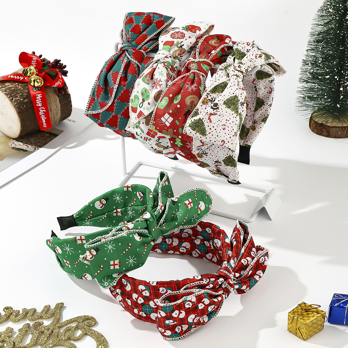 Wholesale Fabric knotted gift, pine tree, snowflake, striped, plaid, solid color, bow, knot width 1pc