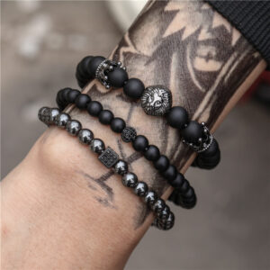 Wholesale European and American jewelry fashion vintage black frosted bracelet zircon crown diamond ball dice lion head beads bracelet suit