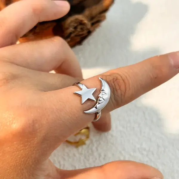 Wholesale PVD Coated Real Gold Plated 18K Gold Star Moon 304 Stainless Steel Casual Retro Waterproof Non Tarnish Open Rings