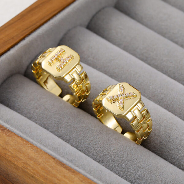 Wholesale Cross-Border European and American Hot-Selling Ring Letter Series Real Gold-Plated Jewelry Watch Strap Design Letter Open Ring