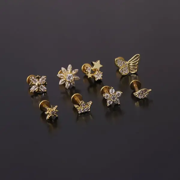 316L Stainless Steel Copper Zircon Ear Cartilage Rings & Studs Flower Waterproof Non Tarnish Surgical Steel Women'S