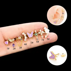 Wholesale 1 Piece 316L Stainless Steel Copper Artificial Pearls Zircon Ear Cartilage Rings & Studs Star Heart Shape Butterfly Waterproof Non Tarnish Surgical Steel