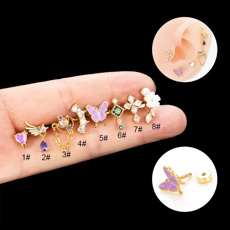 Wholesale 1 Piece 316L Stainless Steel Copper Artificial Pearls Zircon Ear Cartilage Rings & Studs Star Heart Shape Butterfly Waterproof Non Tarni