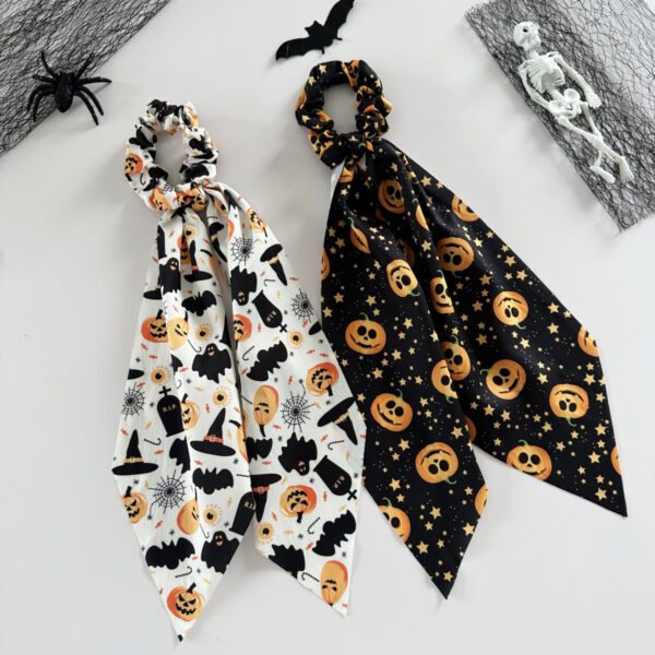Wholesale Hot-selling Halloween ribbon hair tie, new style, funny pumpkin satin print, women's ponytail scrunchie hair accessory