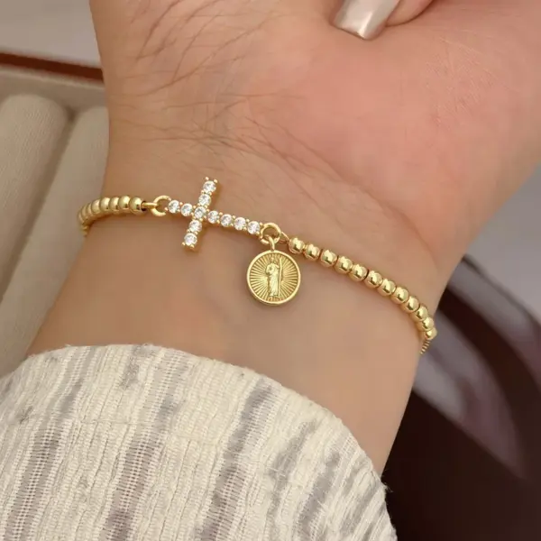 18K Gold Plated Copper Plated Cross Saint Benedict Virgin Mary Elegant Religion Classic Style Ball Chain Bracelets Drawstring Bracelets For Unisex