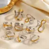 Wholesale 304 Stainless Steel Lines Ion Plating (IP) 18K Gold Plated IG Style Glam Vintage Style Waterproof Non Tarnish Gold Open Rings