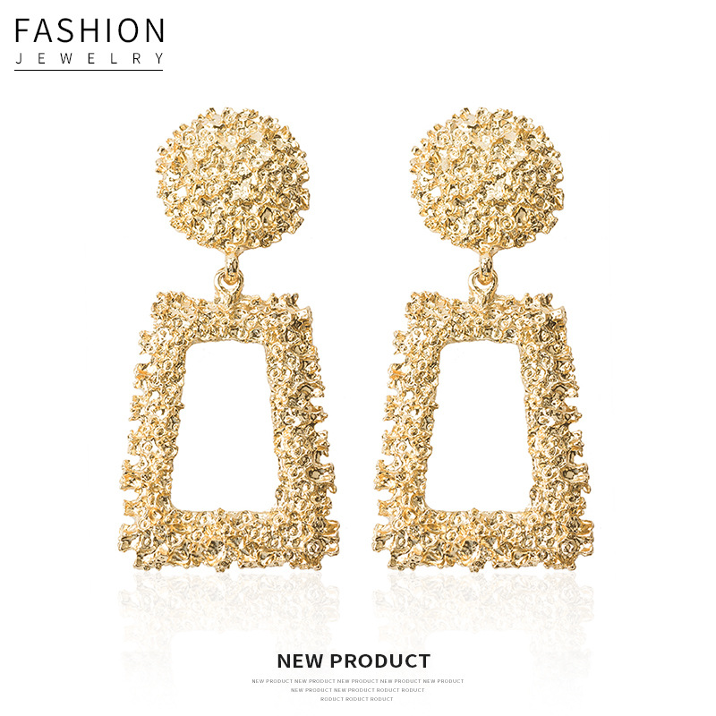 Wholesale European and American Hot Selling Trapezoidal Geometry Frosted Embossed Metal Earrings Exaerated Personality Bohemian Foreign Trade Earrings