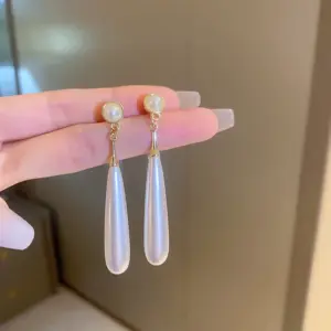 Silver Needle Pearl Water Drop Earrings