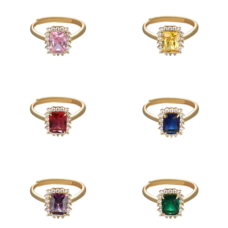 Wholesale Jewelry Elegant XING Square Copper Artificial Gemstones 18K Gold Plated Inlay Open Rings