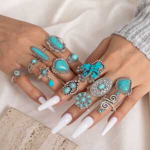Wholesale Retro Bohemian turquoise cactus carved 14-piece set ring factory direct Amazon New