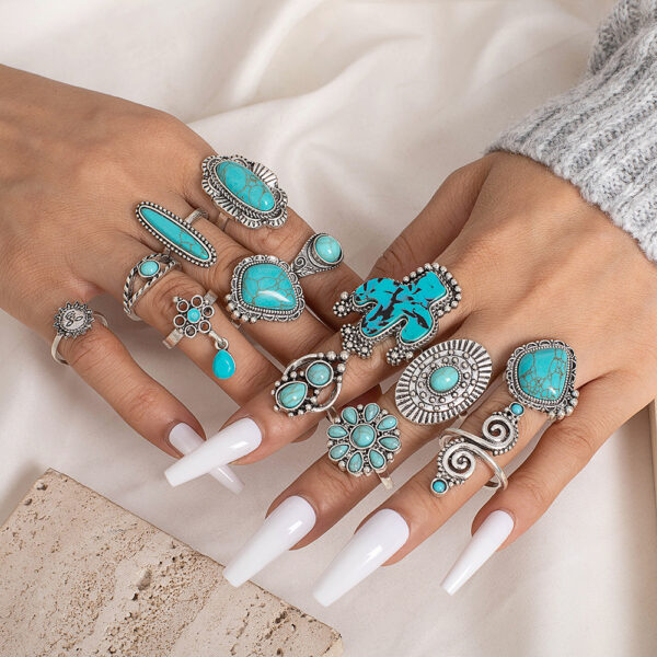 Wholesale Retro Bohemian turquoise cactus carved 14-piece set ring factory direct Amazon New