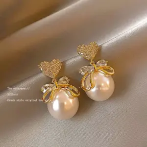 34-Gold Diamond Love Heart Bow Tie Pearl Stud Earrings