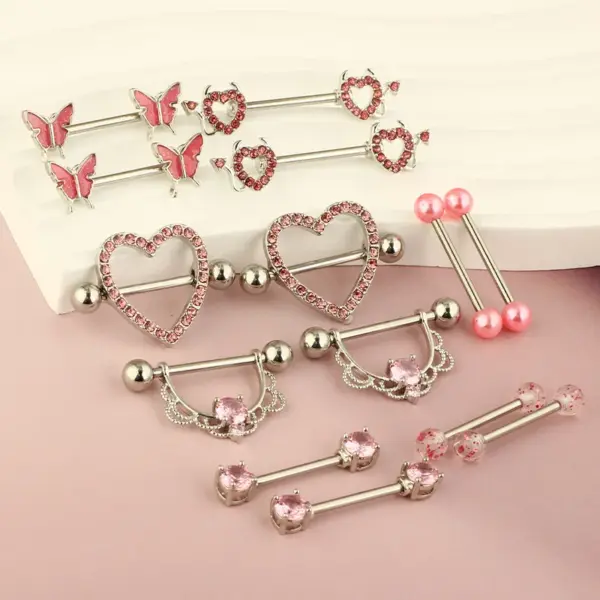 Wholesale 1 Pair 316L Stainless Steel Copper Zircon Nipple Rings & Studs Heart Shape Flower Butterfly Waterproof Non Tarnish Surgical Steel Nipple Rings & Studs