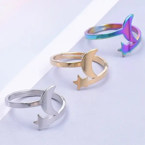 Wholesale PVD Coated Real Gold Plated 18K Gold Star Moon 304 Stainless Steel Casual Waterproof Non Tarnish Open Ring