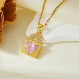 Gold Pink Diamond Lock Heart Necklace T021