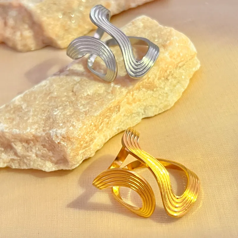 Wholesale PVD Coated Real Gold Plated 18K Gold Stripe 304 Stainless Steel Casual Retro Simple Style Waterproof Non Tarnish Open Rings