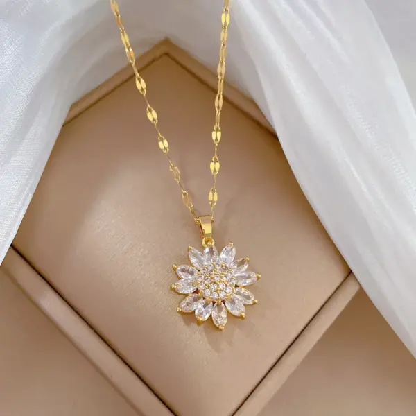 Wholesale Real Gold Plated 304 Stainless Steel PVD Coated Artificial Gemstones Flower Waterproof Non Tarnish Classic Style Pendant Necklace For Women's