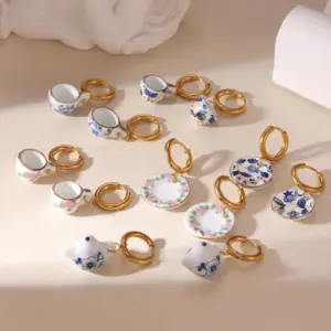 Wholesale Ion Plating (IP) 18K Gold Plated Cup Plate Teapot 304 Stainless Steel Ceramics Elegant Classical Waterproof Non Tarnish Drop Earrings