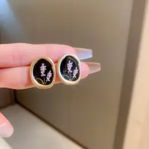 Silver Needle Drop Oil Black Flower Oval Earrings