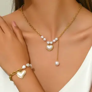 304 Stainless Steel Plastic Heart Shape Ion Plating (IP) 18K Gold Plated Elegant Waterproof Non Tarnish Beaded Pearl Regular Chain Gold Bracelets Necklace Jewelry Set