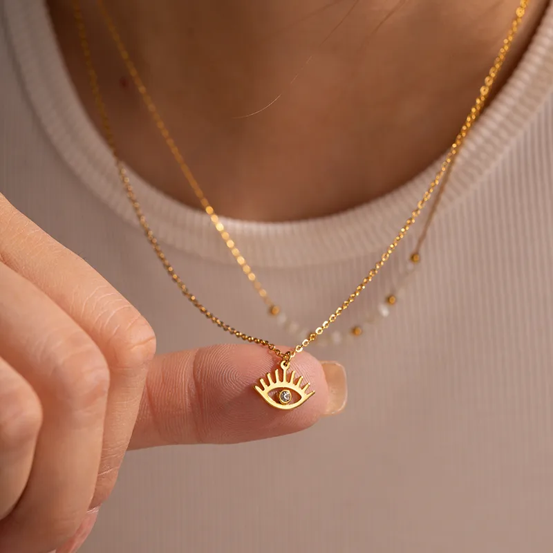 Wholesale PVD Coated Real Gold Plated 18K Devil's Eye 304 Stainless Steel IG Style Simple Waterproof Non Tarnish Double Layer Necklaces